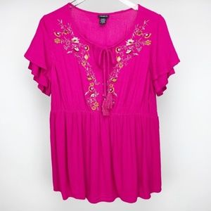 TORRID PINK Embroidered Peasant Blouse Size 1